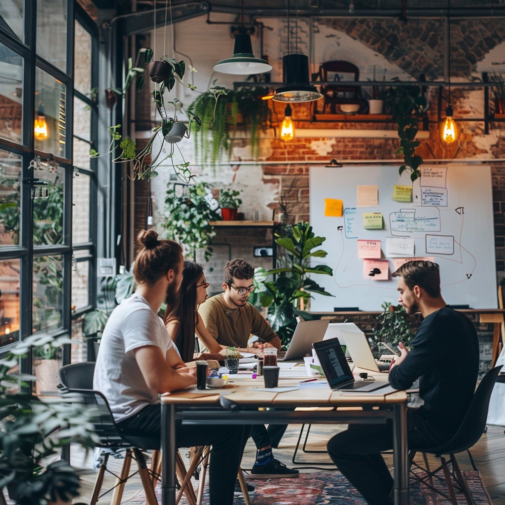 Entrepreneurs collaborating in a modern industrial workspace with laptops, whiteboards, and creative planning materials